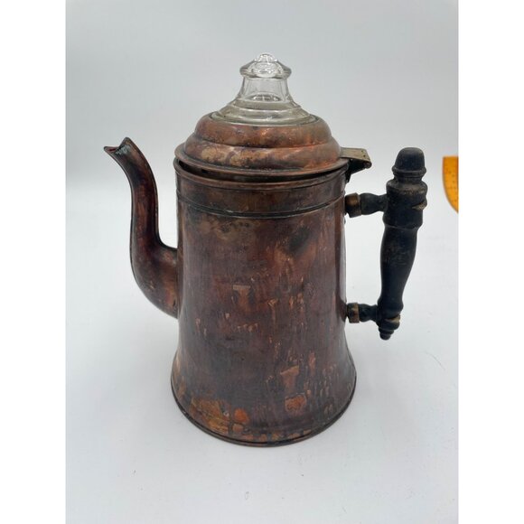 Antique Copper Coffee Pot With Glass Lid & Wooden Handle - Picture 3 of 6